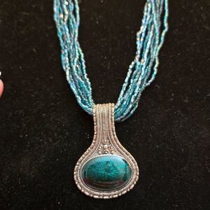 NEW Teal Bead Multi Strand Necklace with Mystic Pendant